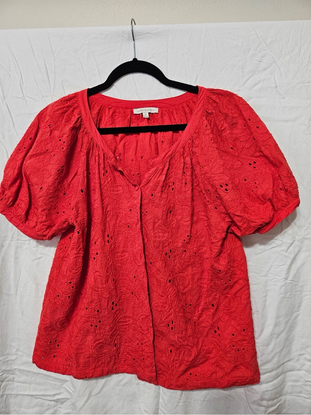Cotton Eyelet Puff-Sleeve Blouse in Coral Red